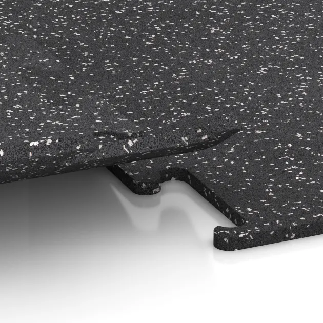 Großaufnahme vom Verbindungssystem von WARCO-Boden 3777 - Fitness Performance Elite Trainingsboden im Farbdesign Leicht Grau Gesprenkelt. Abmessungen 1000 x 1000 x 15 mm.