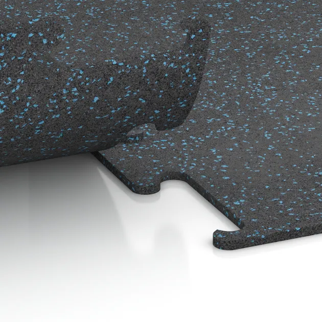 Großaufnahme vom Verbindungssystem von WARCO-Boden 3766 - Fitness Performance Elite Trainingsboden im Farbdesign Leicht Blau Gesprenkelt. Abmessungen 500 x 500 x 10 mm.