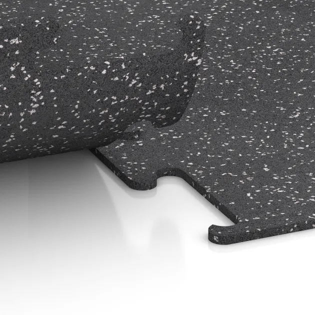 Großaufnahme vom Verbindungssystem von WARCO-Boden 3779 - Fitness Performance Elite Trainingsboden im Farbdesign Leicht Grau Gesprenkelt. Abmessungen 500 x 500 x 10 mm.