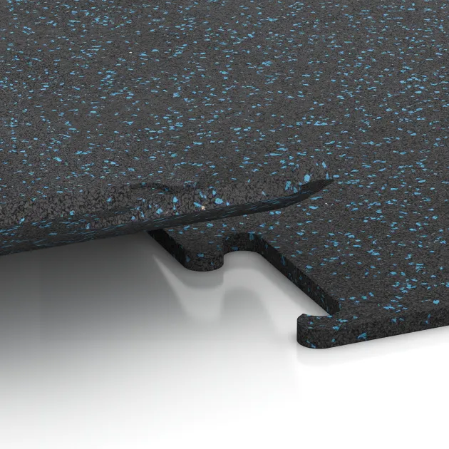 Großaufnahme vom Verbindungssystem von WARCO-Boden 3770 - Fitness Performance Elite Trainingsboden im Farbdesign Leicht Blau Gesprenkelt. Abmessungen 500 x 500 x 15 mm.