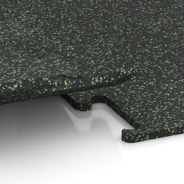 Großaufnahme vom Verbindungssystem von WARCO-Boden 3771 - Fitness Performance Elite Trainingsboden im Farbdesign Leicht Grün Gesprenkelt. Abmessungen 500 x 500 x 15 mm.