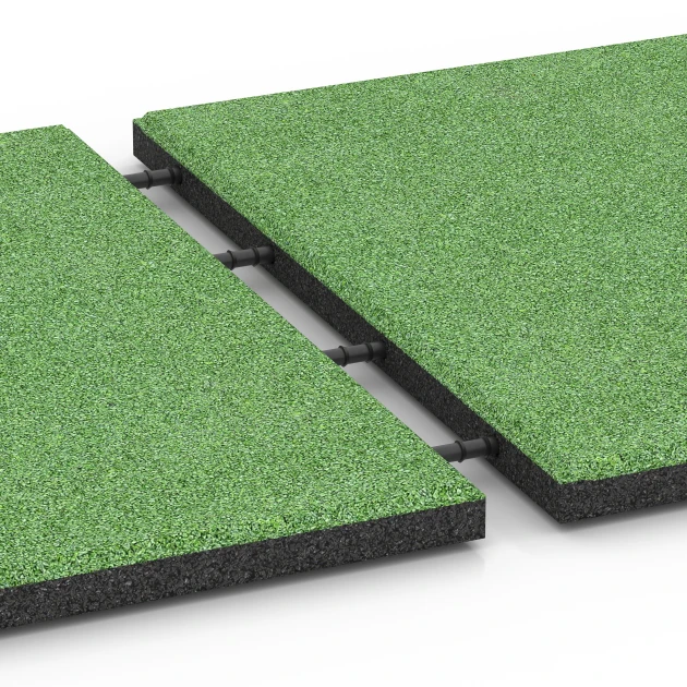 Großaufnahme vom Verbindungssystem von WARCO-Boden 6129 - Fallschutzplatte – 95 cm im Farbdesign Lindgrün. Abmessungen 50 x 50 x 3 cm.