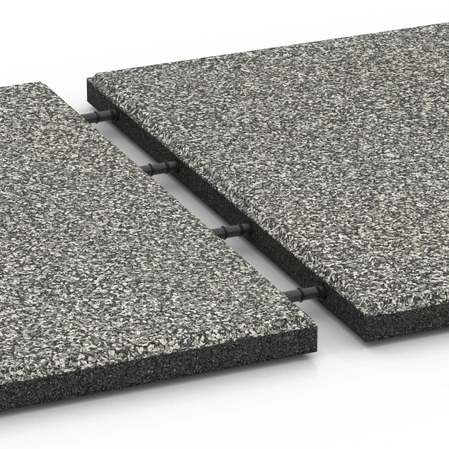 Großaufnahme vom Verbindungssystem von WARCO-Boden 6355 - Terrassenplatte Classic im Farbdesign Grauer Granit. Abmessungen 50 x 50 x 3 cm.