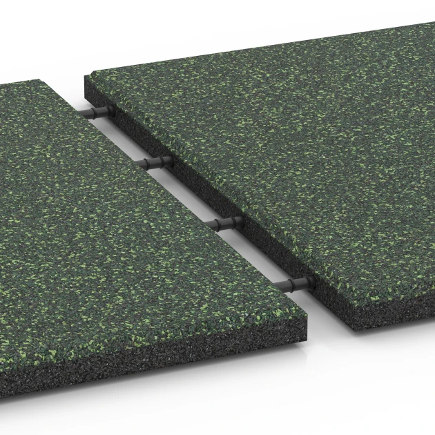 Großaufnahme vom Verbindungssystem von WARCO-Boden 6415 - Fallschutzplatte – 90 cm im Farbdesign Englischer Rasen. Abmessungen 50 x 50 x 3 cm.