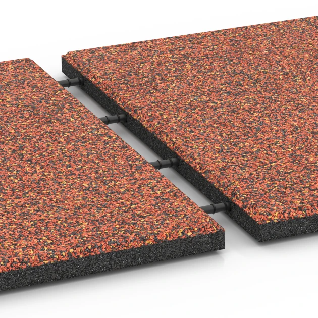 Großaufnahme vom Verbindungssystem von WARCO-Boden 6417 - Fallschutzplatte – 90 cm im Farbdesign Feuersglut. Abmessungen 50 x 50 x 3 cm.