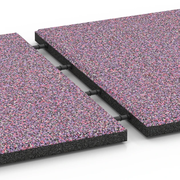 Großaufnahme vom Verbindungssystem von WARCO-Boden 6418 - Fallschutzplatte – 90 cm im Farbdesign Lavendel. Abmessungen 50 x 50 x 3 cm.