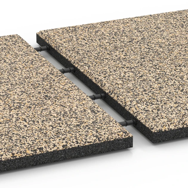 Großaufnahme vom Verbindungssystem von WARCO-Boden 6419 - Fallschutzplatte – 90 cm im Farbdesign Travertin. Abmessungen 50 x 50 x 3 cm.