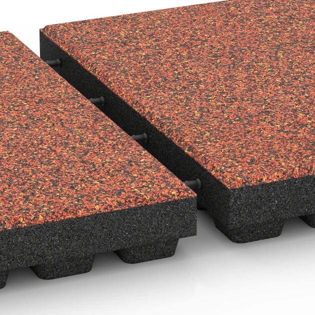 Großaufnahme vom Verbindungssystem von WARCO-Boden 6444 - Fallschutzplatte – 210 cm im Farbdesign Feuersglut. Abmessungen 50 x 50 x 7 cm.
