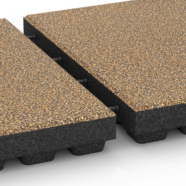 Großaufnahme vom Verbindungssystem von WARCO-Boden 6448 - Fallschutzplatte – 210 cm im Farbdesign Rattan Lounge. Abmessungen 50 x 50 x 7 cm.