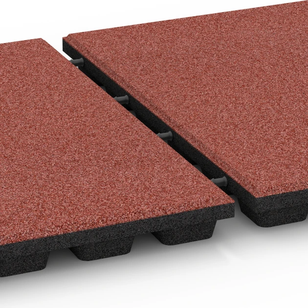 Großaufnahme vom Verbindungssystem von WARCO-Boden 6292 - Fallschutzplatten im Farbdesign Tomatenrot. Abmessungen 50 x 50 x 4,8 cm.