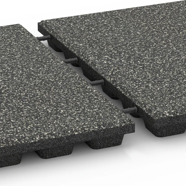 Großaufnahme vom Verbindungssystem von WARCO-Boden 6431 - Fallschutzplatte – 160 cm im Farbdesign Dunkelgrauer Granit. Abmessungen 50 x 50 x 4,8 cm.