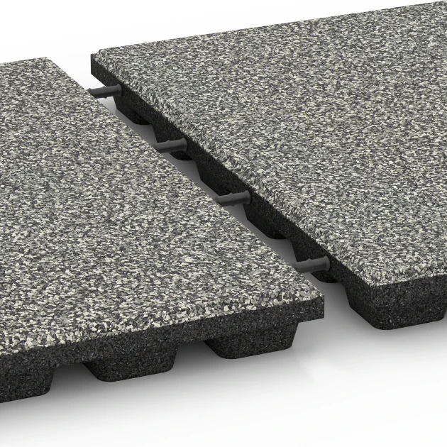 Großaufnahme vom Verbindungssystem von WARCO-Boden 6432 - Fallschutzplatte – 160 cm im Farbdesign Grauer Granit. Abmessungen 50 x 50 x 4,8 cm.