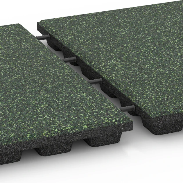 Großaufnahme vom Verbindungssystem von WARCO-Boden 6433 - Fallschutzplatte – 160 cm im Farbdesign Englischer Rasen. Abmessungen 50 x 50 x 4,8 cm.