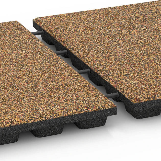 Großaufnahme vom Verbindungssystem von WARCO-Boden 6434 - Fallschutzplatte – 160 cm im Farbdesign Terra Cotta. Abmessungen 50 x 50 x 4,8 cm.