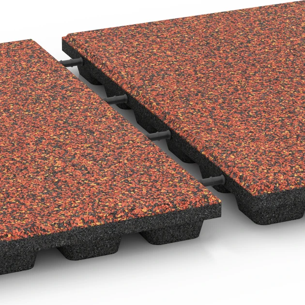 Großaufnahme vom Verbindungssystem von WARCO-Boden 6435 - Fallschutzplatte – 160 cm im Farbdesign Feuersglut. Abmessungen 50 x 50 x 4,8 cm.