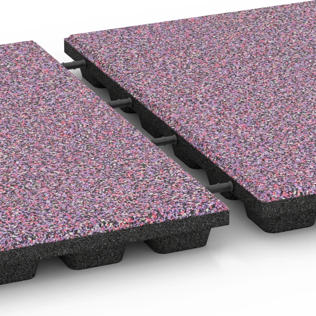 Großaufnahme vom Verbindungssystem von WARCO-Boden 6436 - Fallschutzplatte – 160 cm im Farbdesign Lavendel. Abmessungen 50 x 50 x 4,8 cm.