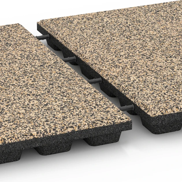 Großaufnahme vom Verbindungssystem von WARCO-Boden 6437 - Fallschutzplatte – 160 cm im Farbdesign Travertin. Abmessungen 50 x 50 x 4,8 cm.