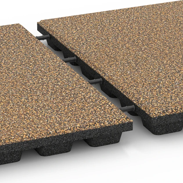 Großaufnahme vom Verbindungssystem von WARCO-Boden 6439 - Fallschutzplatte – 160 cm im Farbdesign Rattan Lounge. Abmessungen 50 x 50 x 4,8 cm.