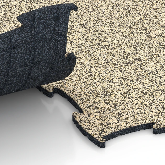 Großaufnahme vom Verbindungssystem von WARCO-Boden 6838 - Fitness Active Floor System im Farbdesign Travertin. Abmessungen 97,1 x 97,1 × 1,8 cm.