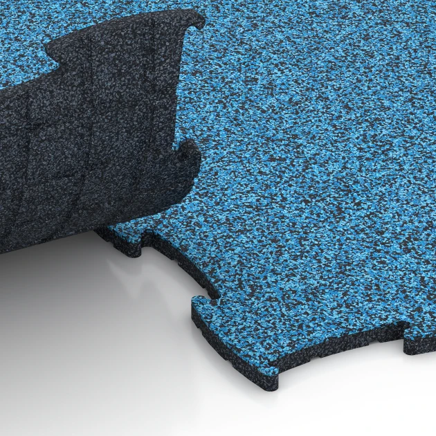 Großaufnahme vom Verbindungssystem von WARCO-Boden 6839 - Fitness Active Floor System im Farbdesign Atlantik. Abmessungen 97,1 x 97,1 × 1,8 cm.