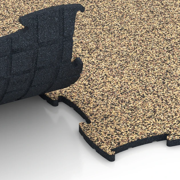 Großaufnahme vom Verbindungssystem von WARCO-Boden 6876 - Fitness Max Floor System im Farbdesign Rattan Lounge. Abmessungen 97,1 x 97,1 × 1,8 cm.