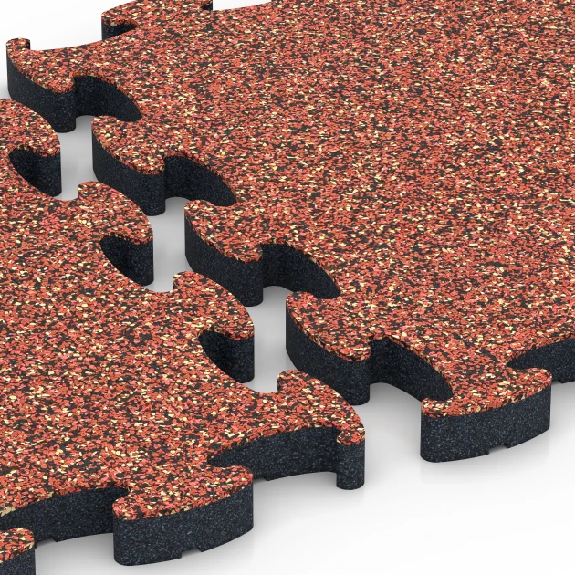 Großaufnahme vom Verbindungssystem von WARCO-Boden 6881 - Fitness Max Floor System im Farbdesign Feuersglut. Abmessungen 44,6 x 44,6 × 2,8 cm.
