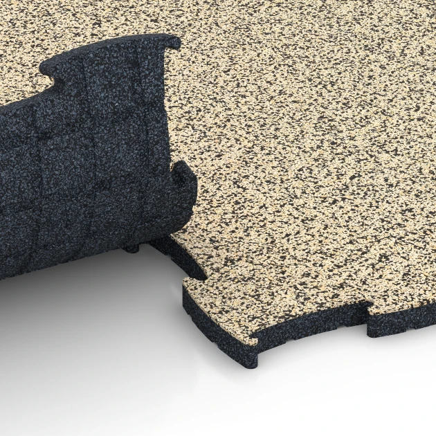 Großaufnahme vom Verbindungssystem von WARCO-Boden 6856 - Fitness Active Floor System im Farbdesign Travertin. Abmessungen 97,1 x 97,1 x 2,8 cm.