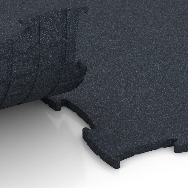 Großaufnahme vom Verbindungssystem von WARCO-Boden 6968 - Fitness Premium Boden Plus im Farbdesign Anthrazit. Abmessungen 99 x 99 x 1,8 cm.