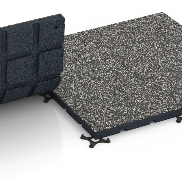 Großaufnahme vom Verbindungssystem von WARCO-Boden 7132 - Outdoor-Fitnessboden im Farbdesign Dunkelgrauer Granit. Abmessungen 60 x 60 x 3 cm | 0,36 m².