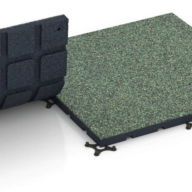 Großaufnahme vom Verbindungssystem von WARCO-Boden 7134 - Outdoor-Fitnessboden im Farbdesign Englischer Rasen. Abmessungen 60 x 60 x 3 cm | 0,36 m².