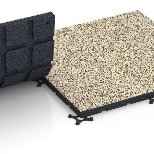 Großaufnahme vom Verbindungssystem von WARCO-Boden 7138 - Outdoor-Fitnessboden im Farbdesign Travertin. Abmessungen 60 x 60 x 3 cm | 0,36 m².