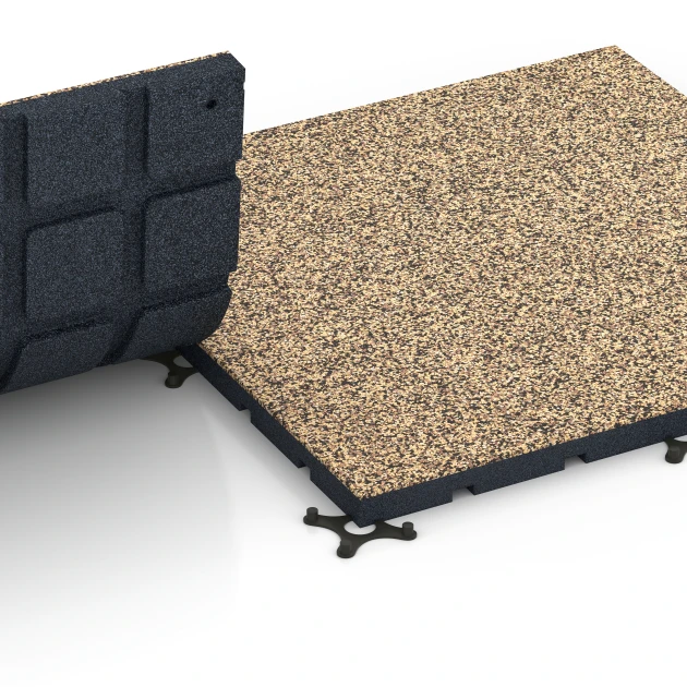 Großaufnahme vom Verbindungssystem von WARCO-Boden 7140 - Outdoor-Fitnessboden im Farbdesign Rattan Lounge. Abmessungen 60 x 60 x 3 cm | 0,36 m².