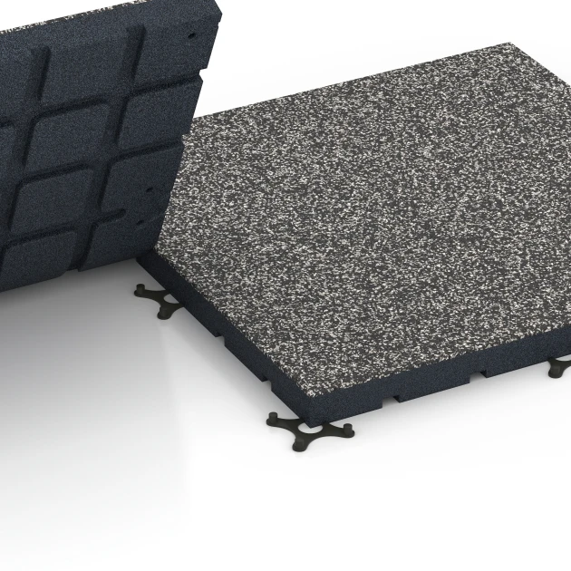 Großaufnahme vom Verbindungssystem von WARCO-Boden 7141 - Outdoor-Fitnessboden im Farbdesign Dunkelgrauer Granit. Abmessungen 60 x 60 x 4 cm | 0,36 m².