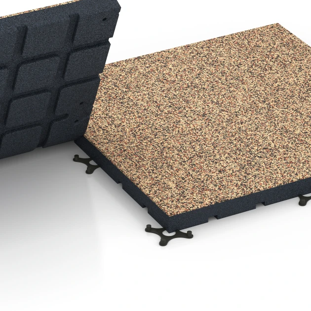 Großaufnahme vom Verbindungssystem von WARCO-Boden 7144 - Outdoor-Fitnessboden im Farbdesign Terra Cotta. Abmessungen 60 x 60 x 4 cm | 0,36 m².