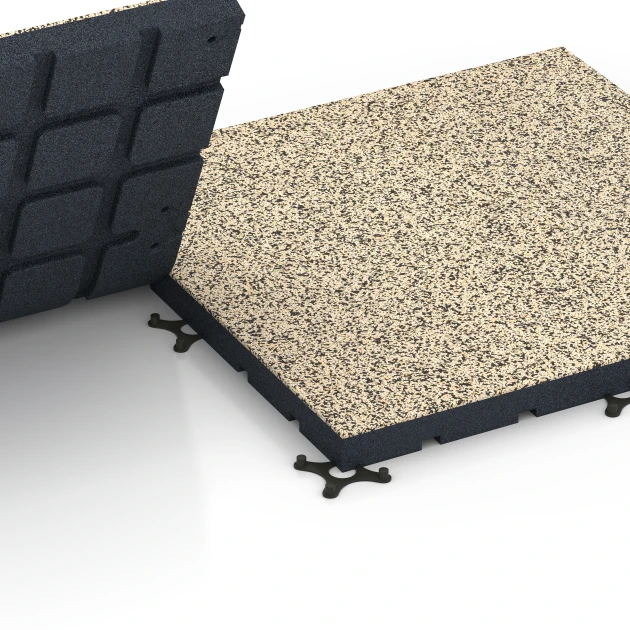 Großaufnahme vom Verbindungssystem von WARCO-Boden 7147 - Outdoor-Fitnessboden im Farbdesign Travertin. Abmessungen 60 x 60 x 4 cm | 0,36 m².