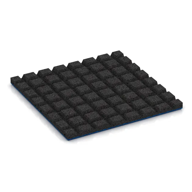 Aufsicht auf die Unterseite, also die Bodenseite von WARCO-Formteil 0539 - Fallschutzplatte im Format 500 x 500 x 30 mm.