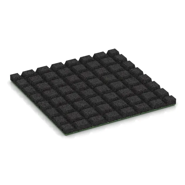 Aufsicht auf die Unterseite, also die Bodenseite von WARCO-Formteil 5472 - Fallschutzplatte 3 cm - EN 1177 ≤ 100 cm im Format 500 x 500 x 30 mm.