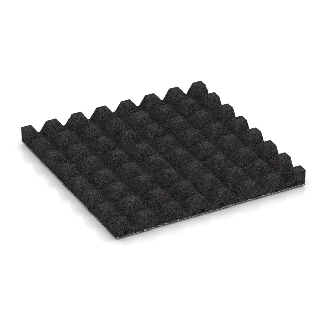 Aufsicht auf die Unterseite, also die Bodenseite von WARCO-Formteil 4475 - Fallschutzplatte im Format 500 x 500 x 45 mm.