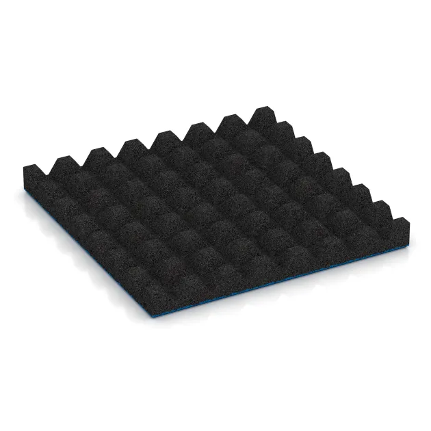 Aufsicht auf die Unterseite, also die Bodenseite von WARCO-Formteil 0681 - Fallschutzplatte im Format 500 x 500 x 50 mm.