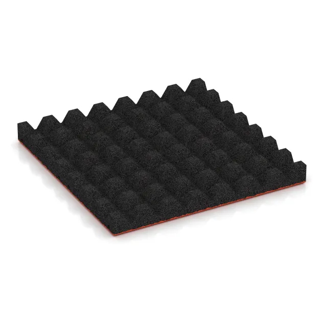 Aufsicht auf die Unterseite, also die Bodenseite von WARCO-Formteil 0688 - Fallschutzplatte im Format 500 x 500 x 50 mm.