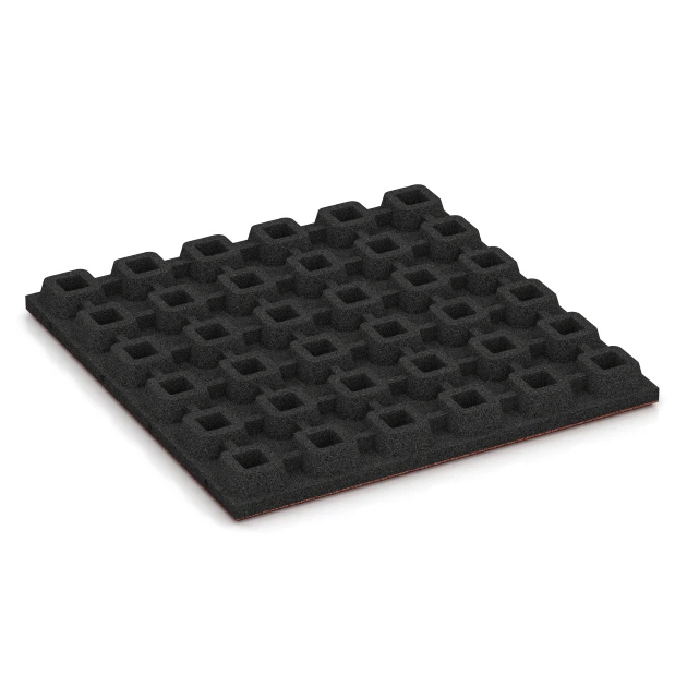 Aufsicht auf die Unterseite, also die Bodenseite von WARCO-Formteil 6292 - Fallschutzplatten im Format 50 x 50 x 4,8 cm.