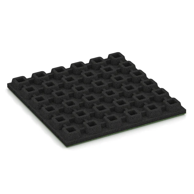 Aufsicht auf die Unterseite, also die Bodenseite von WARCO-Formteil 6293 - Fallschutzplatten im Format 50 x 50 x 4,8 cm.