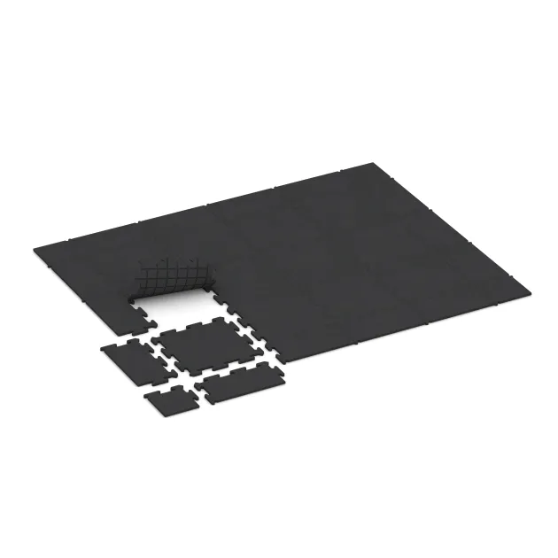 Typische Verlegung oder Einbausituation für den Artikel 0201 von WARCO - Fitnessboden Studio, Farbton Anthrazit in der Abmessung 500 x 500 x 18 mm.