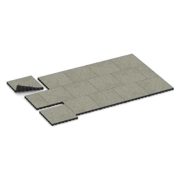 Typische Verlegung oder Einbausituation für den Artikel 0642 von WARCO - Fallschutzplatte, Farbton Heller Granit in der Abmessung 500 x 500 x 45 mm.
