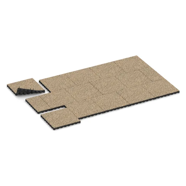Typische Verlegung oder Einbausituation für den Artikel 0648 von WARCO - Fallschutzplatte, Farbton Travertin in der Abmessung 500 x 500 x 45 mm.