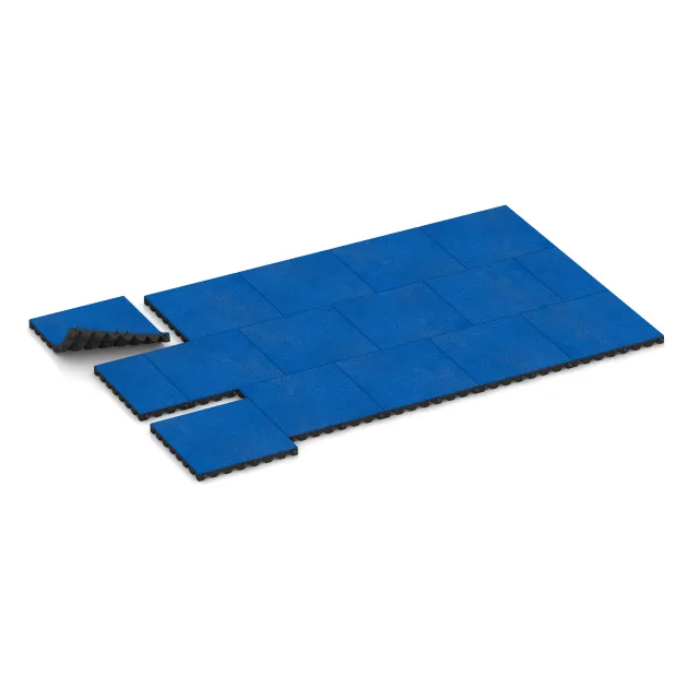 Typische Verlegung oder Einbausituation für den Artikel 0629 von WARCO - Fallschutzplatte, Farbton Enzianblau in der Abmessung 500 x 500 x 45 mm.