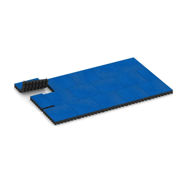 Typische Verlegung oder Einbausituation für den Artikel 0715 von WARCO - Fallschutzplatte, Farbton Enzianblau in der Abmessung 500 x 500 x 80 mm.