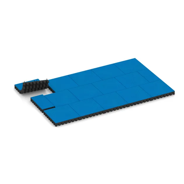 Typische Verlegung oder Einbausituation für den Artikel 0717 von WARCO - Fallschutzplatte, Farbton Himmelblau in der Abmessung 500 x 500 x 80 mm.