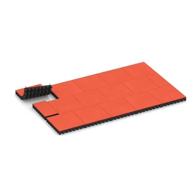 Typische Verlegung oder Einbausituation für den Artikel 0724 von WARCO - Fallschutzplatte, Farbton Hellrot-Orange in der Abmessung 500 x 500 x 80 mm.