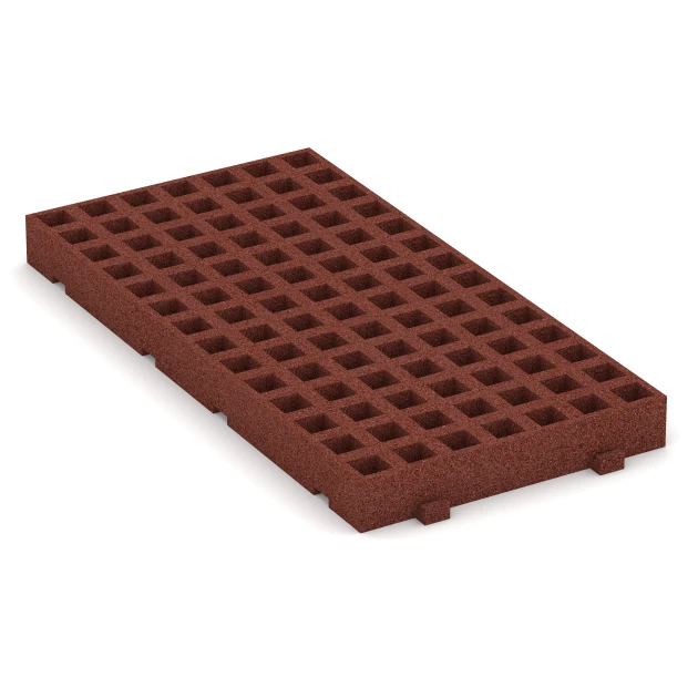 Foto der hinteren Seite vom unsymmetrischen WARCO-Formteil 6119: Fallschutz-Rasengittermatte, Design Ziegelrot, Maße 1000 x 500 x 80 mm.